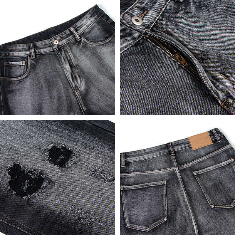 American Style Washed Ripped Cargo Jeans Trendy Loose Straight Unisex Wide Leg Floor-Length Casual Pants B5