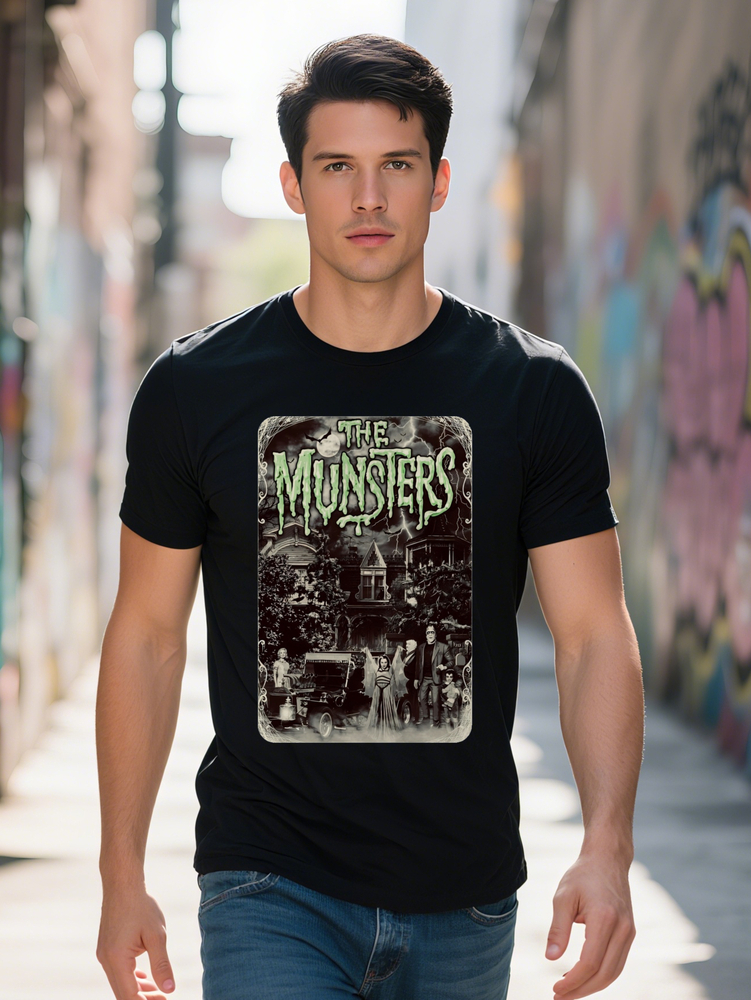 Men S Casual Crew Neck T Shirt with The Munsters Graphic Vintage Inspired House Design Black Perfect for Summer