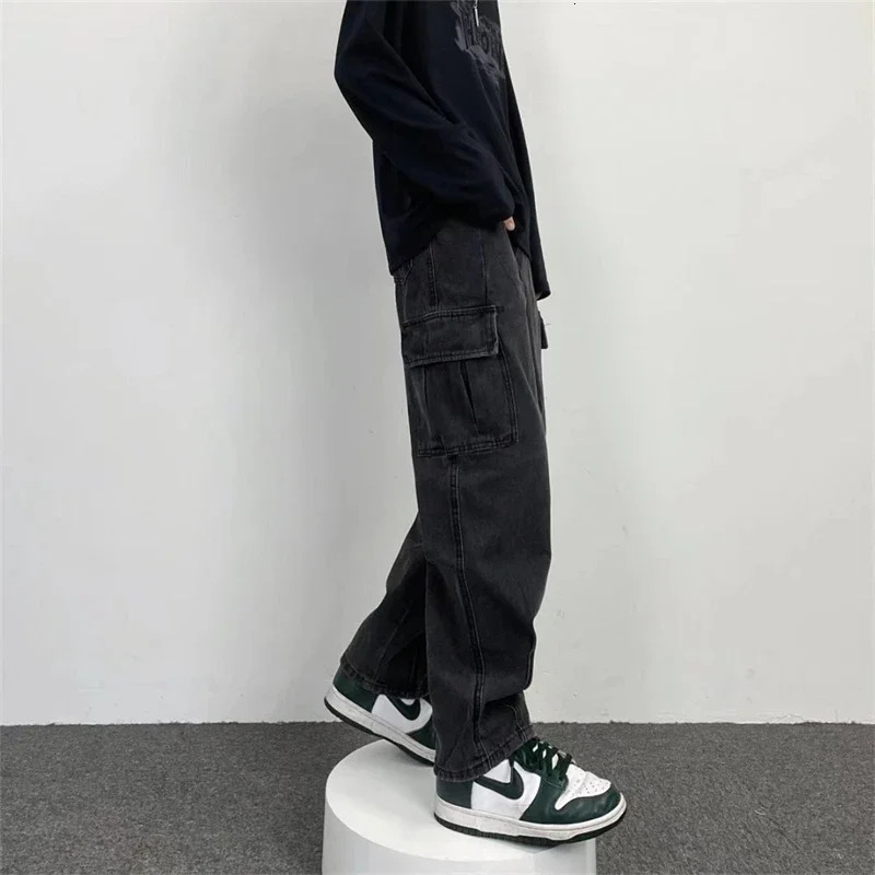 Baggy Straight Mens Cargo Jeans Fashion Streetwear Hip Hop Wide Pants Harajuku Y2K High Street Korean Male Denim Trousers 250813