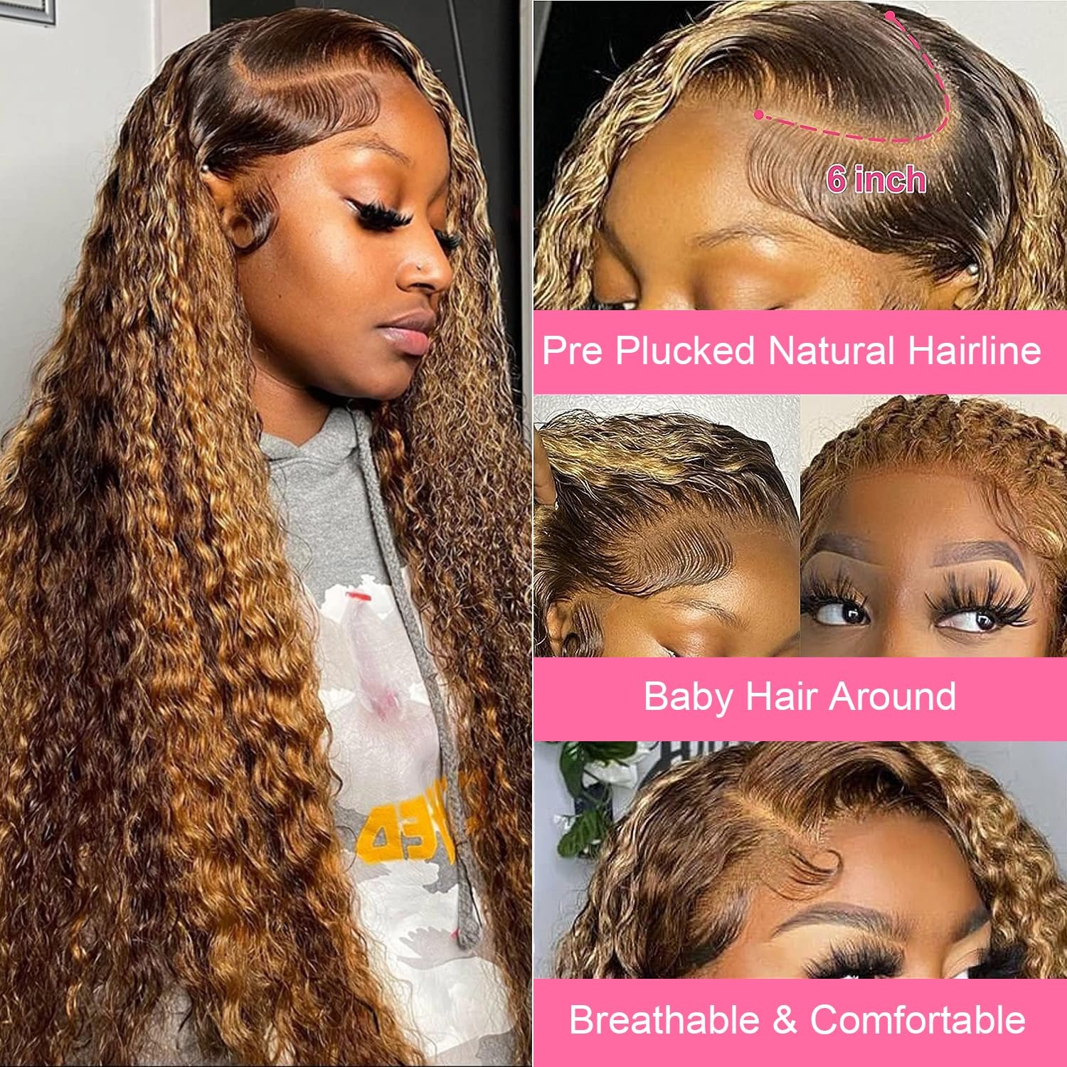 Deep Wave Lace Front Wigs Ombre Auburn Brown with Black Roots Glueless Wigs Pre-plucked Synthetic Water Wave Frontal Wig with Baby Hair