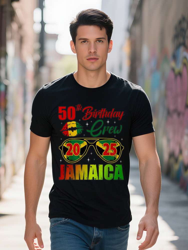 Jamaican T-Shirt Black Crew Neck with Colorful Graphics Glasses Rastafarian Flag Design Perfect for Men S