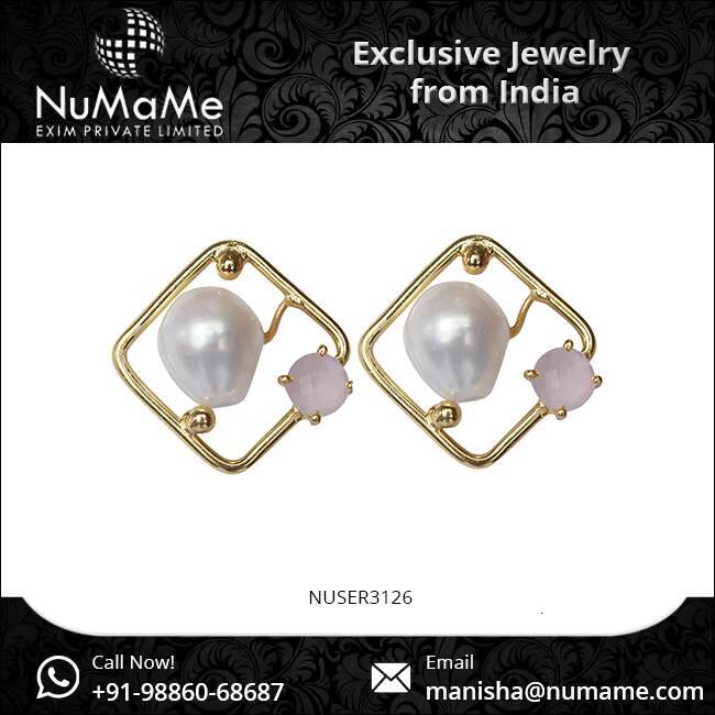 Hot Selling Elegant Design Gold Plated Freshwater Baroque Pearl & Rose Quartz Rhombus Square Stud Brass Fashion Earrings