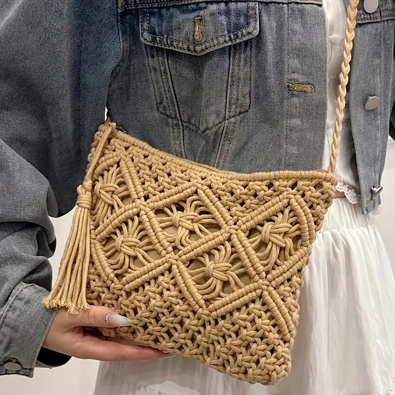 1pc Boho Chic Handwoven Shoulder Bag for WomenHandwoven Cotton with Zipper Tassel DetailsBeach Bagfor TravelCasual Outings250813