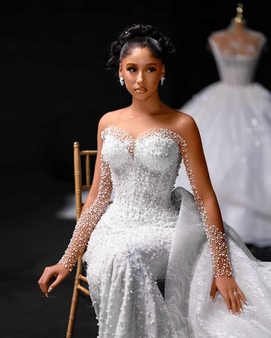 Vintage Mermaid Wedding Dress Sheer Neck Long Sleeves Bridal Gowns Sequins Pearls Sweep Train Dresses Custom Made vestidos de novia