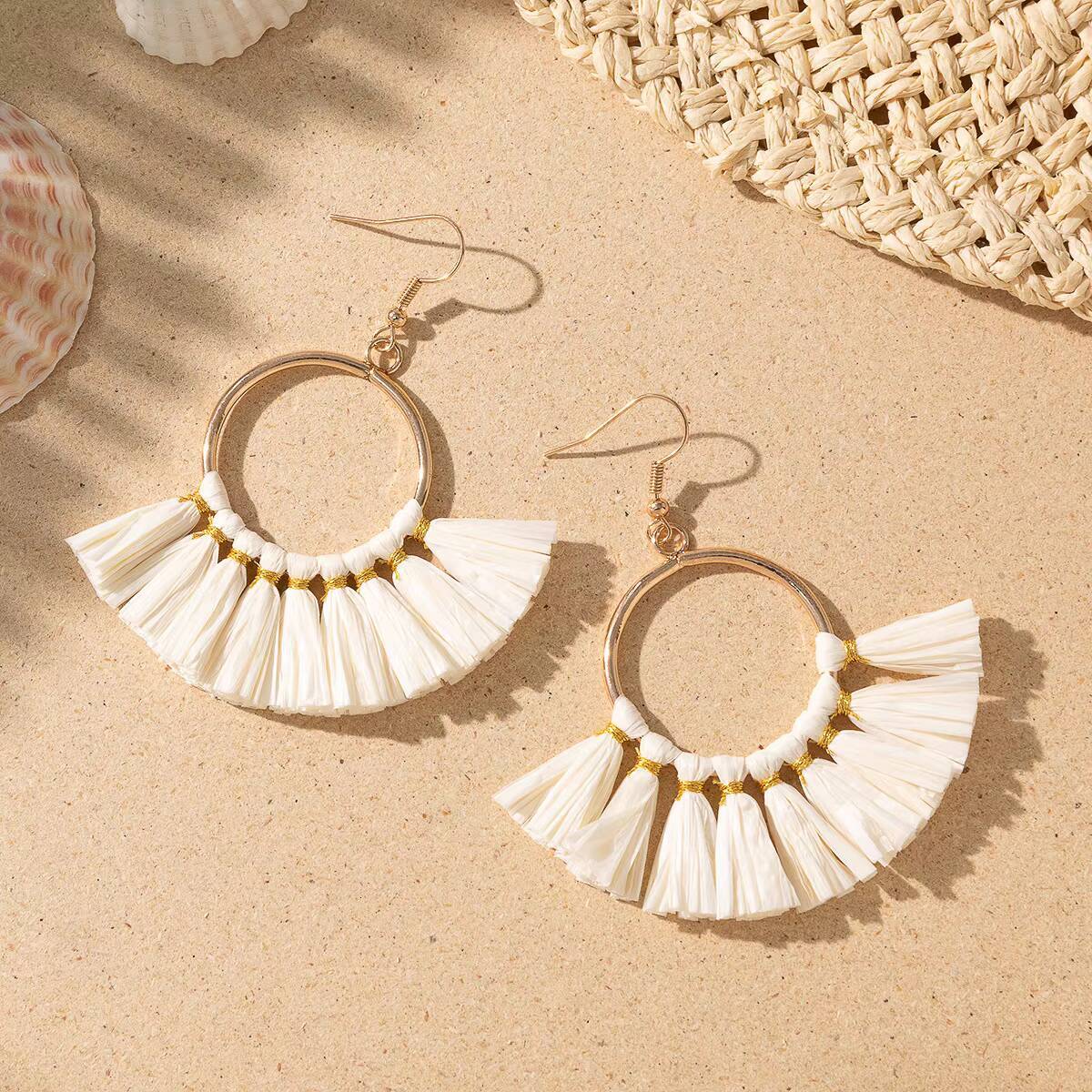Raffia Woven Geometric Tassel Niche Exaggerated Earrings for Women Uionen 1059