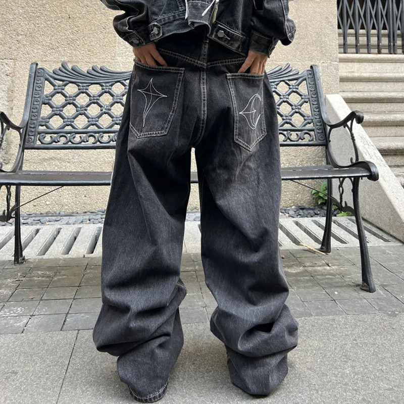 Cyber Y2K Streetwear Wing Embroidery String Stacked Baggy Jeans Pants For Men er Clothes Rock Black Long Trousers 250813