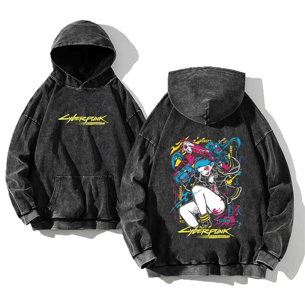 Anime Cyberpunk Edgerunners Washed Hoodies Printed Casual Men Contains Cotton Fashion Loose Pullover Unisex L250813