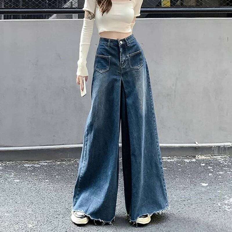 Woman High Waist Vintage Designer Wide Jeans Female Gothic Loose Straight Leg Pants Girls Light Blue Denim Trousers