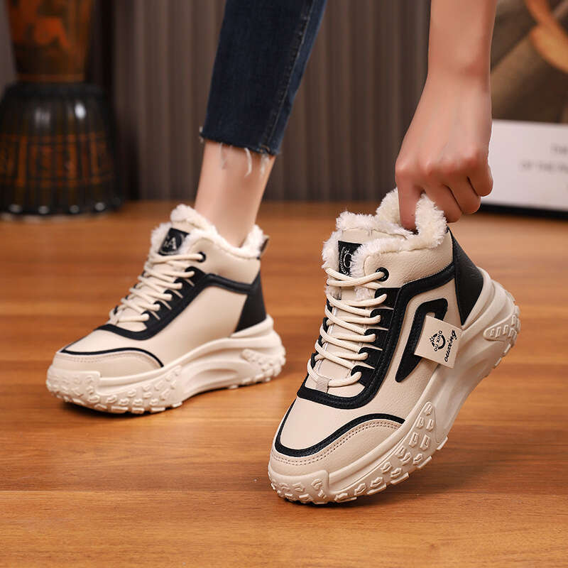 Women's Fleece Lined Thickened Cotton 2025 Winter New Sports Dad Thick Sole Warm High-top Shoes HX-Q039