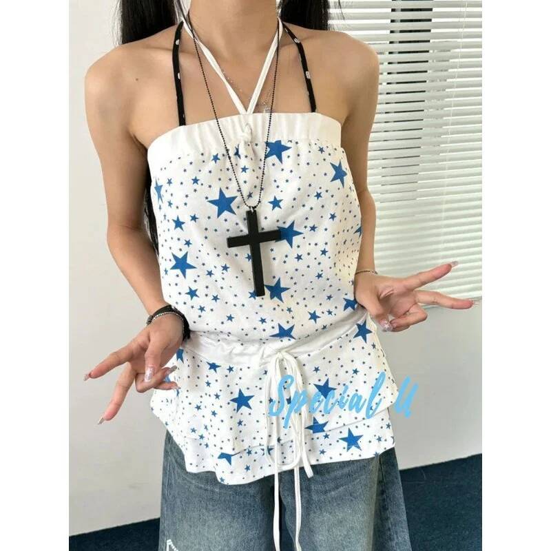 fashion 2025 Fashion Fresh Sweet Star Full Printed White Strap Top Women's Clothing Retro Spicy Girl Slimming Multi functional Harajuku Leisure D