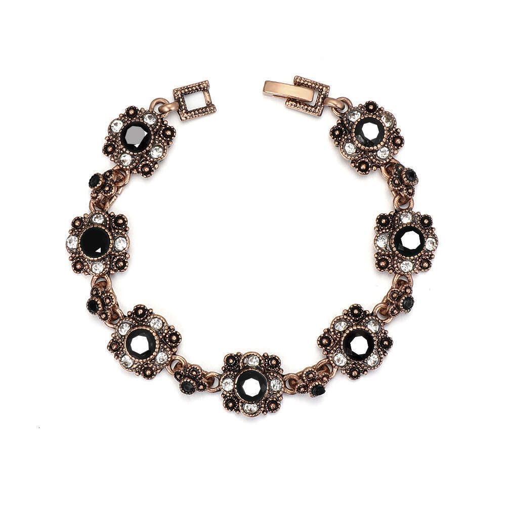 Vintage Floral Charm Bracelet - Antique Rose Gold/Black Alloy Chain with Gemstones | Wholesale Supplier (C1451)