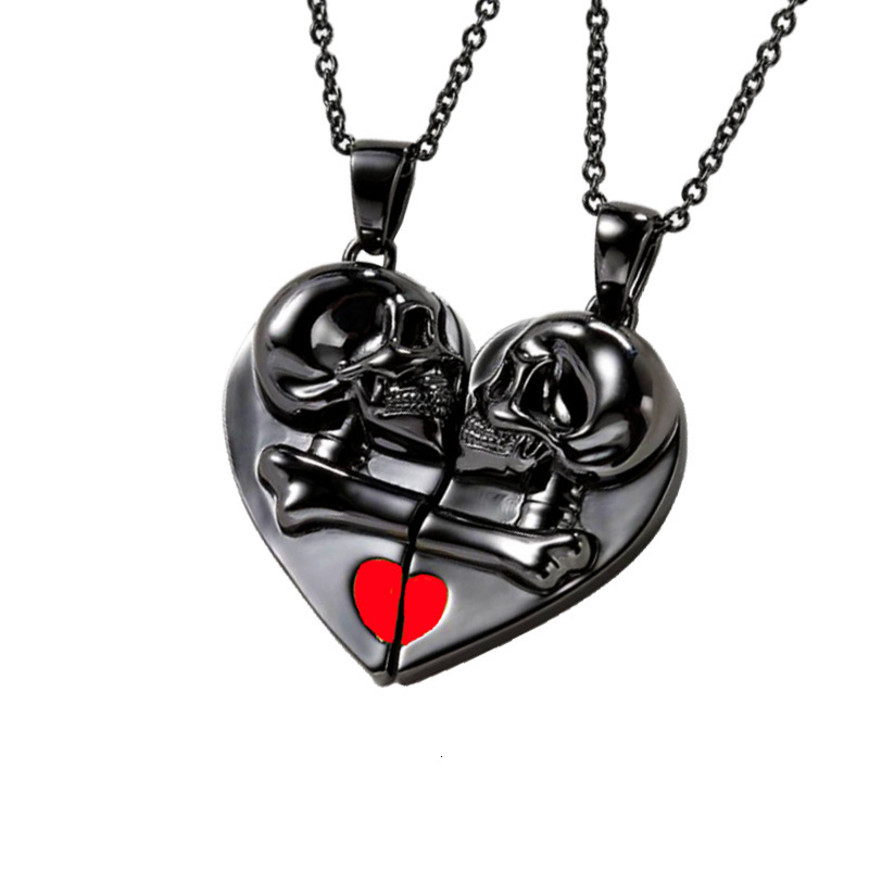 Punk Style Skull Halloween Pendant Magnetic Splicing Heart Niche Couple Necklace