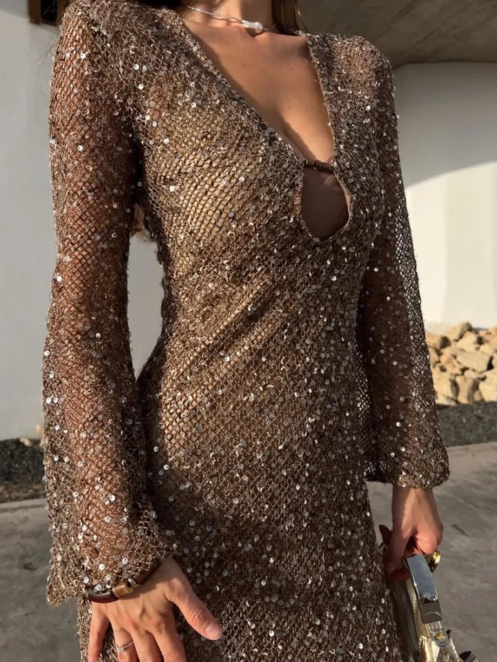 Sequin Knitted perspective Dress Bright Silk Mesh V-Neck Hollow Out Sexy Robes Waist Cinching Slimming Long Sleeve Women Dresses 250813