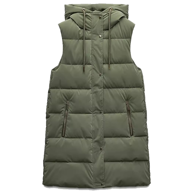 European and American solid color hooded single breasted mid length cotton jacket vest slimming temperament cardigan jacket top