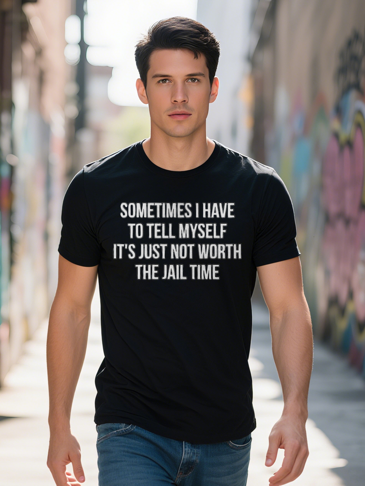 Men S Casual Black T-Shirt with White Letter Print Sometimes I Have to Tell Myself It's Just Not Worth the Jail Time