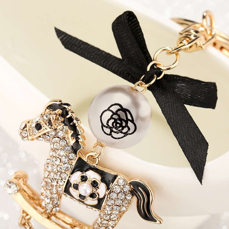 Korean Style New Diamond-Encrusted Carousel Car Pendant Bowknot Pearl Keychain Fashion Bag Accessories