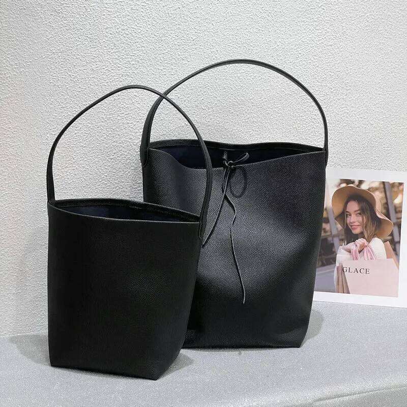 Euro French Japan Style Soft Large Bucket Tote 2 Size Natural Cowhide Leather Women's Armpit Shoulder Daily Hand Bag