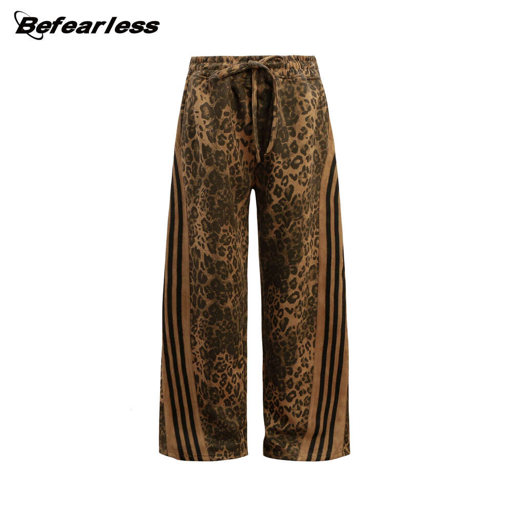 American Style Leopard Print Three Stripes Cargo Unisex Trendy Brand Casual Loose Straight Street Dance Joggers Floor-Length Pants B5