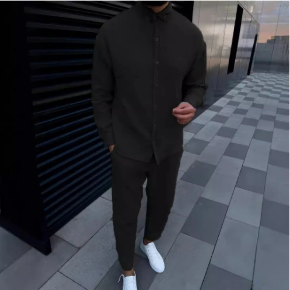 Autumn mens cotton long sleeve shirt set ultra solid color single breasted round neck suit 250813