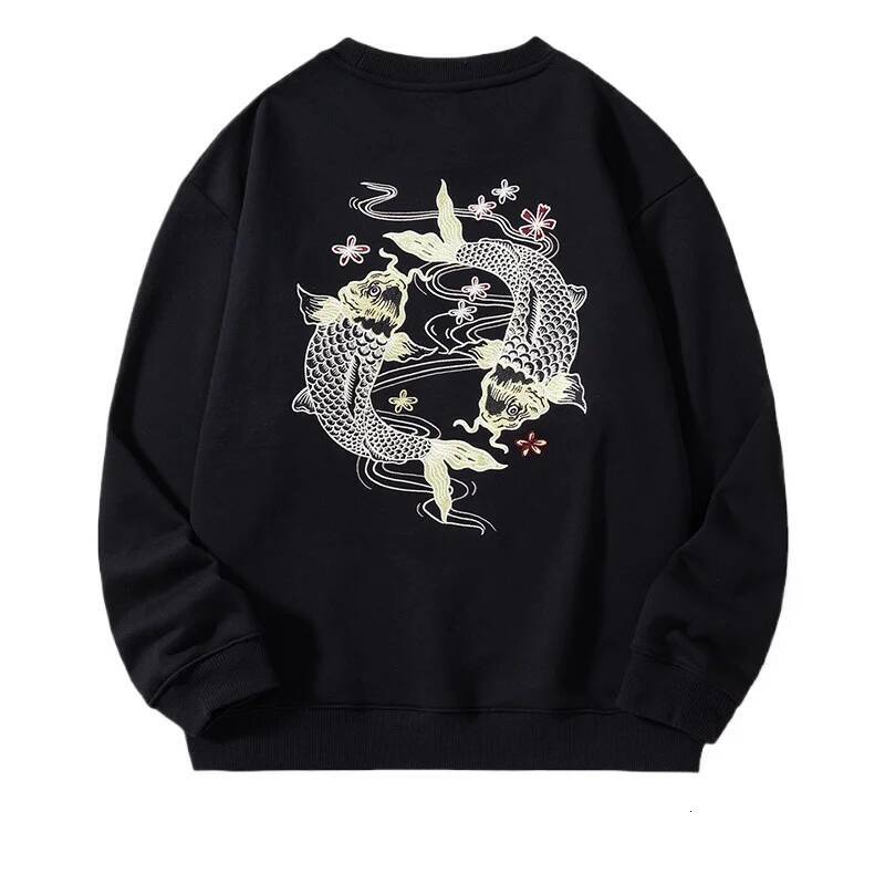 Autumn Embroidery Men Women Chinese Carp Casual Crewneck Sweatshirt Cotton Fashion Hooded Hoodies Haruku Unisex Male
