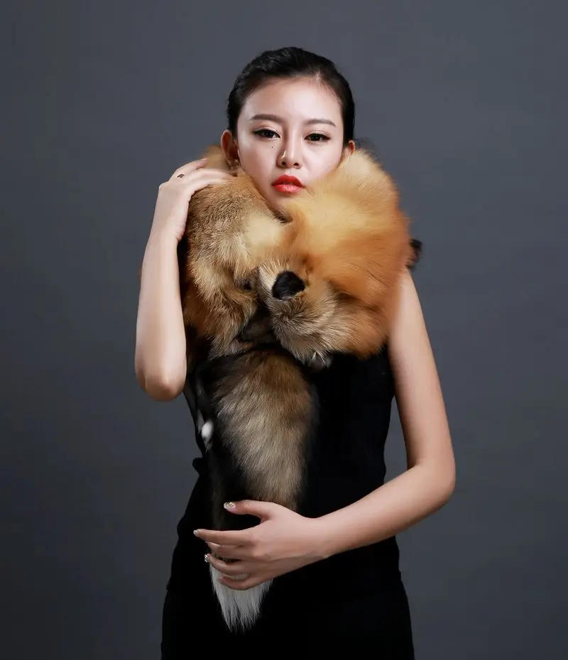 Winter Warm Large Fox Fur Collar Natural Fur Coat Scarves Women Men Jackets Hood Shawl Decor Female Neck Scarf Wraps 250808