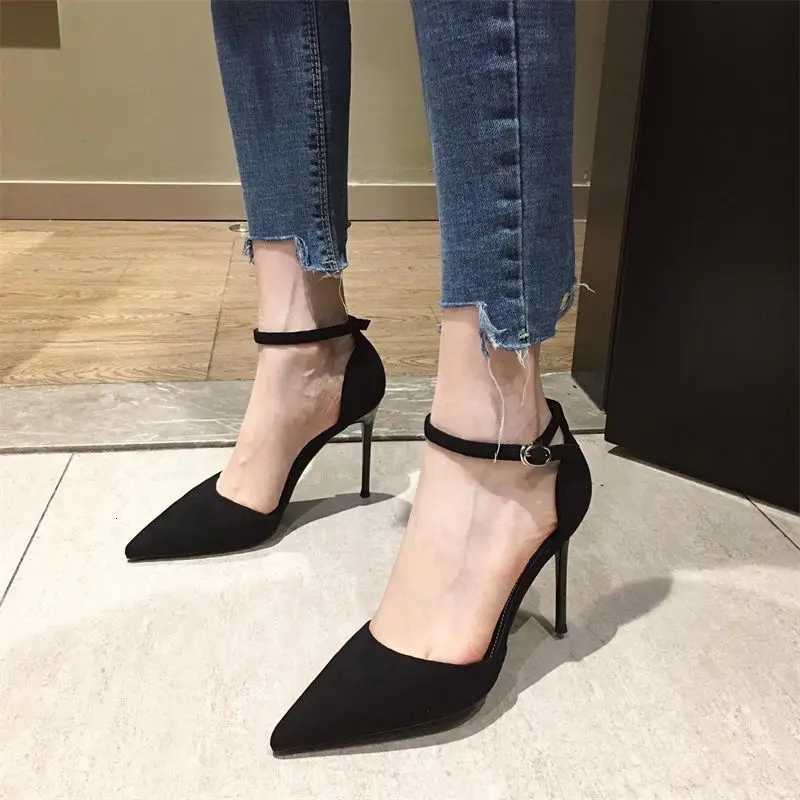 2023 New Versatile Thin Heel Professional Pointed Black Buckle Strap Single Shoe for Women Spring and Autumn High Heel W250814