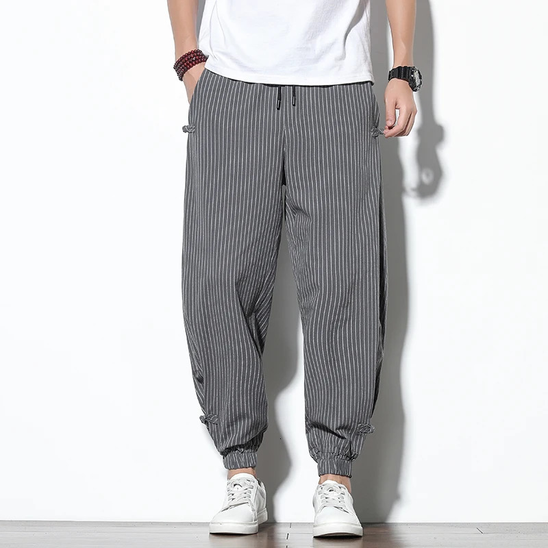 Spring Summer Disc Buckle Striped Harem Pants Mens Breathable Cotton Linen Pencil Casual Bloomers Fashion Trousers 250808