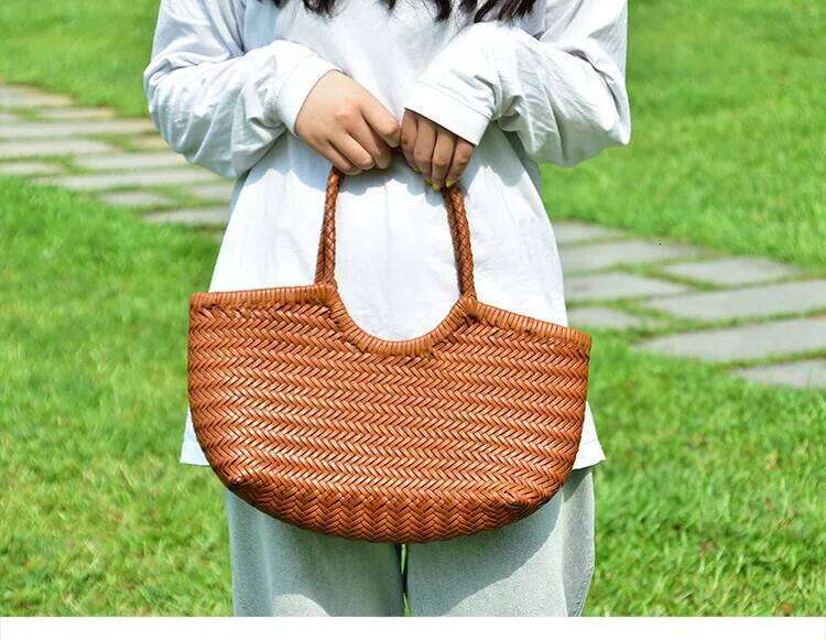 Fashion Handbags Women's Leather Weaving Casual Bag Vintage Basket Tote Purse Cowhide Cross Shopping Bag
