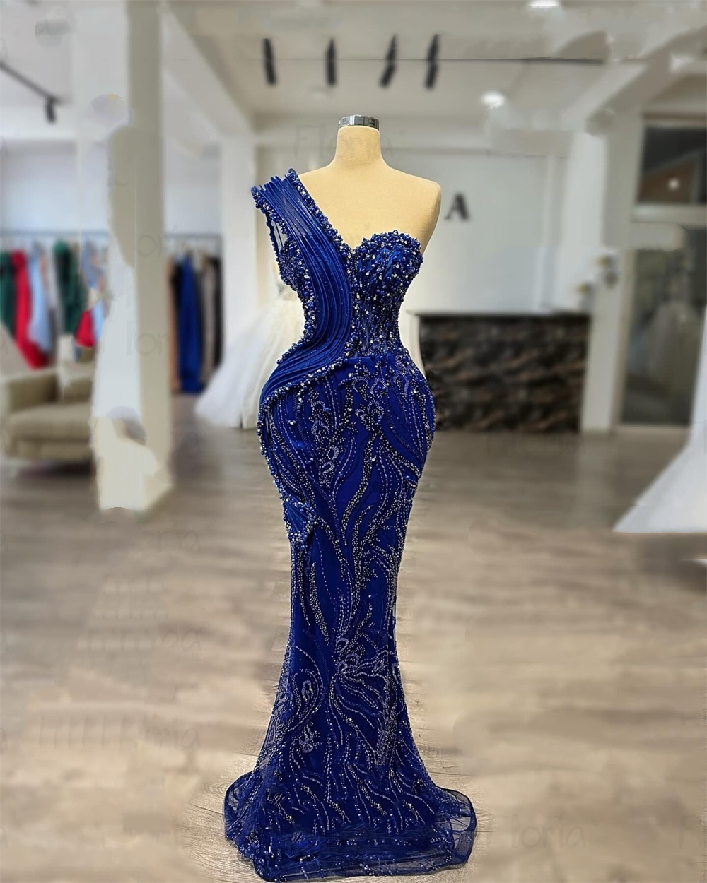 Royal Blue Prom Dress One Shoulder Beaded Reception Party Gowns Saudi Arabi Shiny Celebrity Evening Dresses Customized