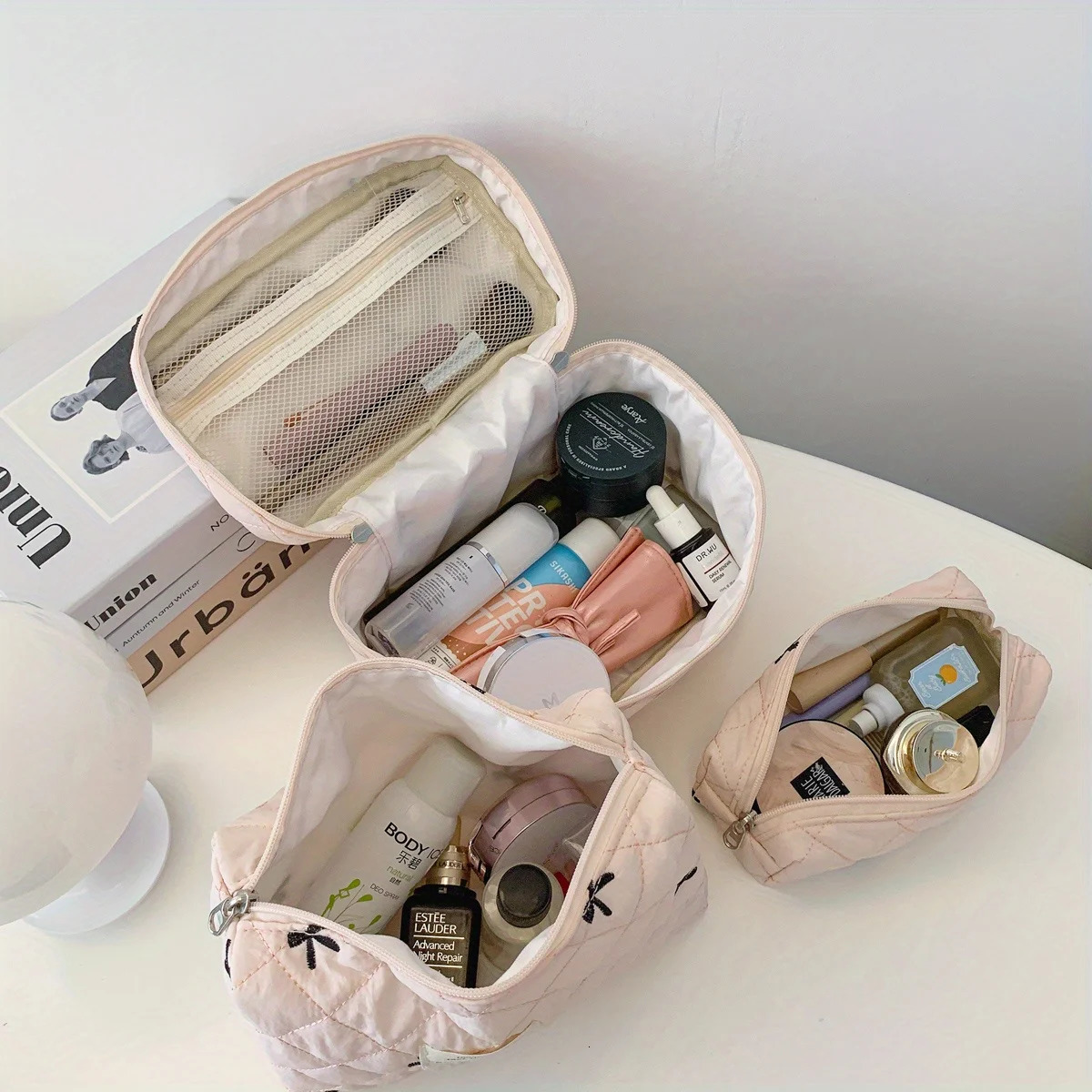 3pcs sets Cute Bow Flower Quilted Makeup Bag Women Cosmetic Organizer Female Handbag Portable Toiletry Case For Travel 250812