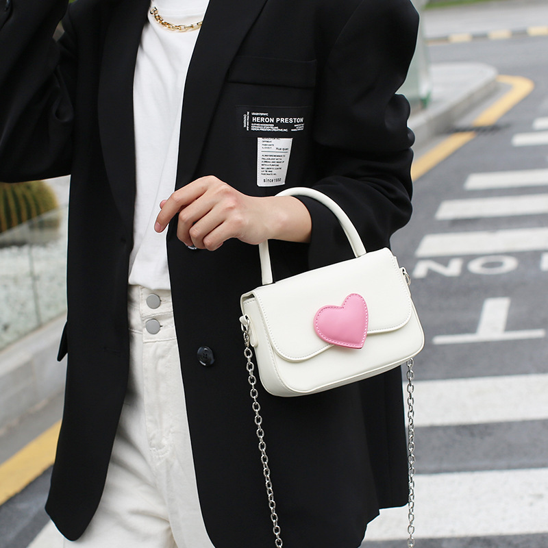 New Pink Heart Color-Block Small Square Fashion High-End Handbag Fresh Simple Versatile Chain Bag