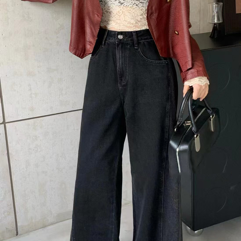 High-Quality Black Non-Elastic Wide-Leg Floor-Length Jeans