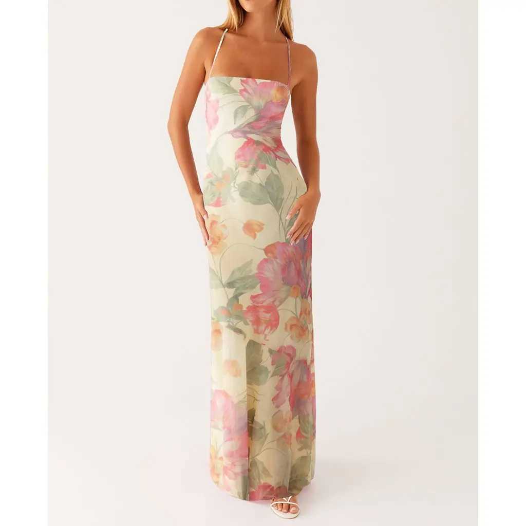 Womens Ele Y2K Floral Print Sleeveless Summer Cross Tie-Up Backless Fashion Spaghetti Strap Cami Slip Long Dress XJ250814