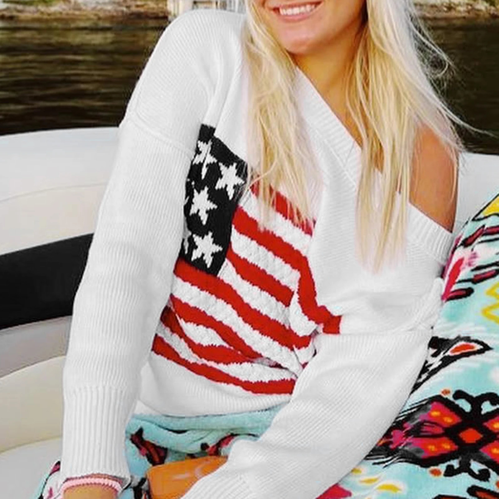 Combhasaki Women Oversized Knitwear Sweater Tops Long Sleeve Round Neck Flag Print Contrast Color Loose Fit Pullover Jumpers 250808