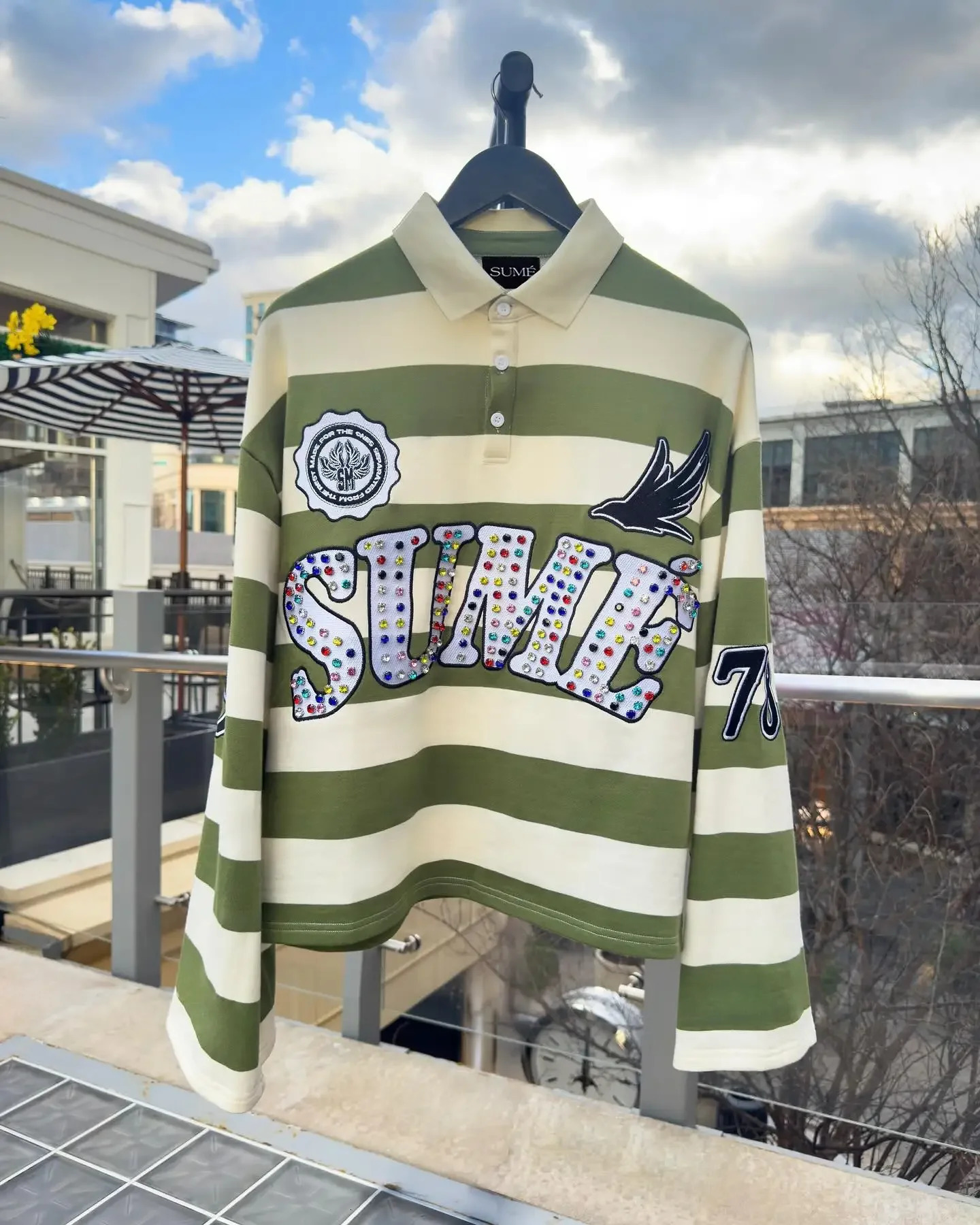 Sume Gem Stone Embroidery Rugbys Long Sleeved Tshirt Men Women Harajuku Hip Hop Stripe Polo Shirt Classics Lapel Neck 250809