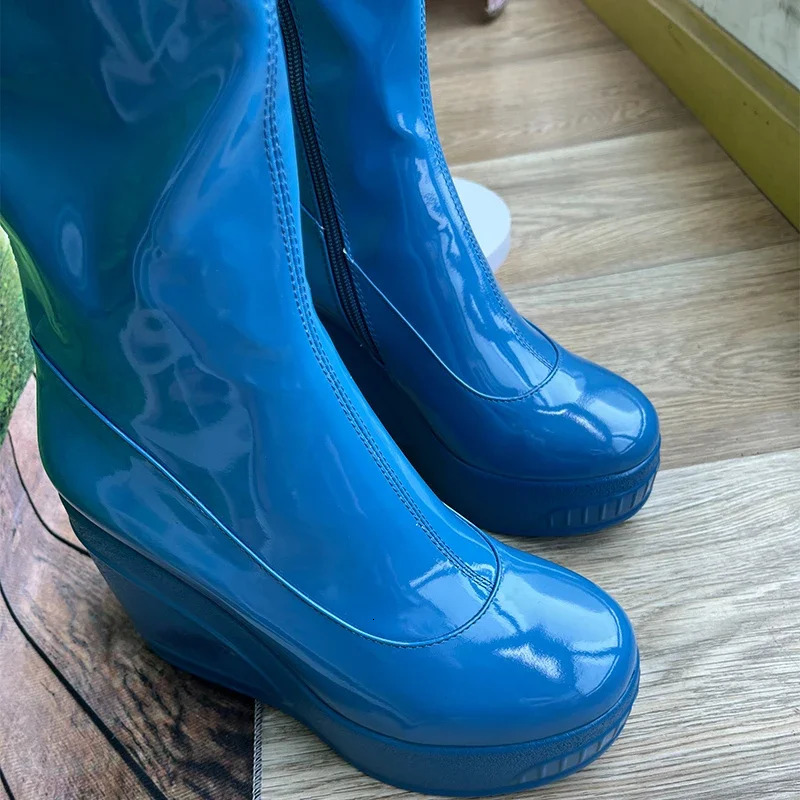 Black White Fashion Show Slope Heel Knee High Boots Womens Party Thick Heel Side Zipper Patent Leather Elastic Boots Size 34-43 250812