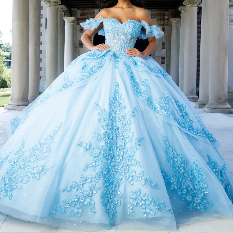 Sky Blue Shiny Ball Gown Quinceanera Dresses Off the Shoulder Applique Lace Beads Bow Tull Party Birthday Sweet 16 Dress Vestidos 15 Anos