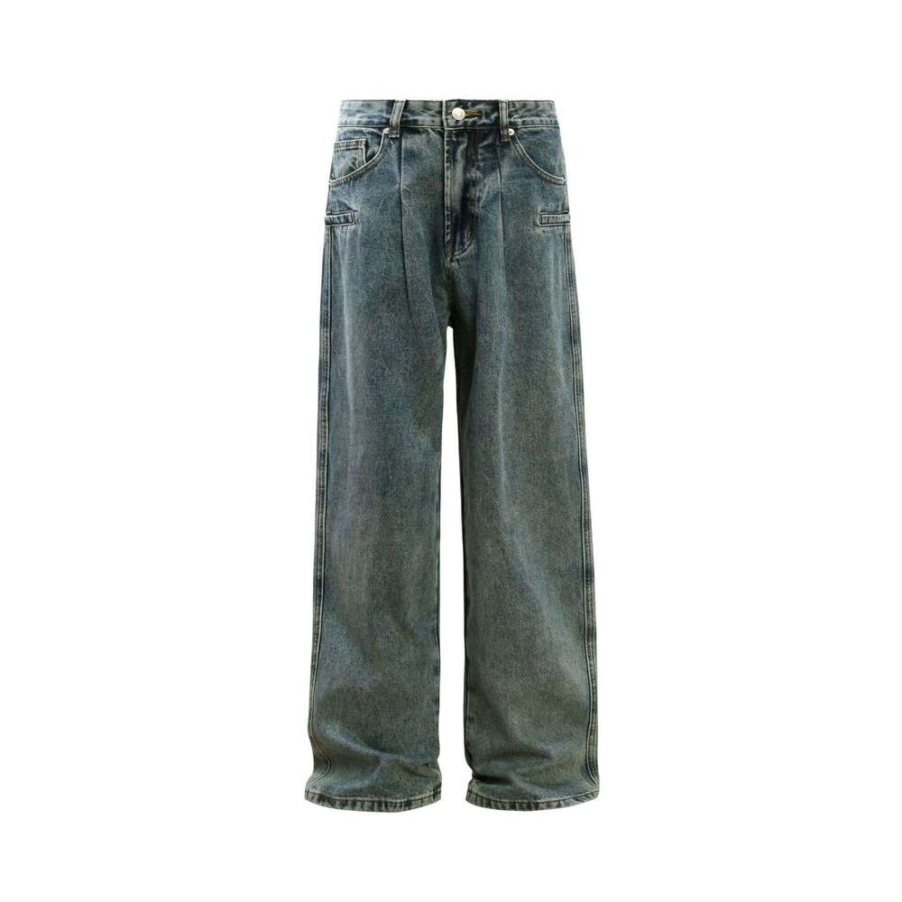 American Style Washed Vintage Loose Jeans Unisex Straight Vibe Wide Leg Pants B5