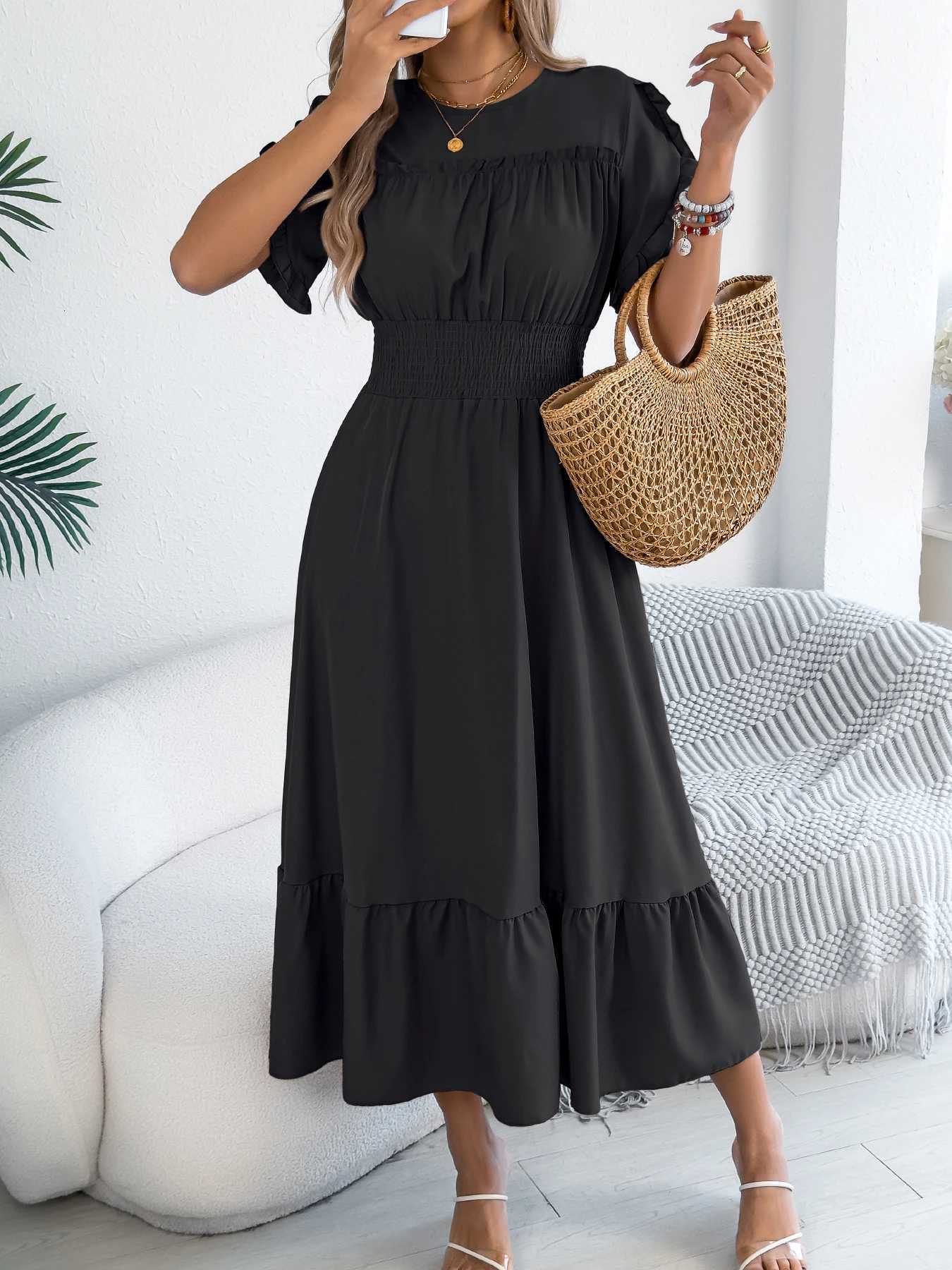 Casual Ele Round Neck Ruffled Waist Cinched Dress Long Dresses Spring Summer Fashion Womens Gown XJ250814