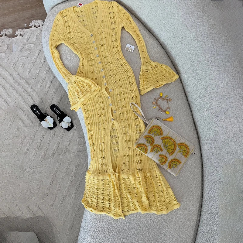 Tornova Fashion Hollow Knitted Dress For Women Flared Long Sleeve Casual Vacation Maxi Dress Summer Buttons Dress Knitwear 250813