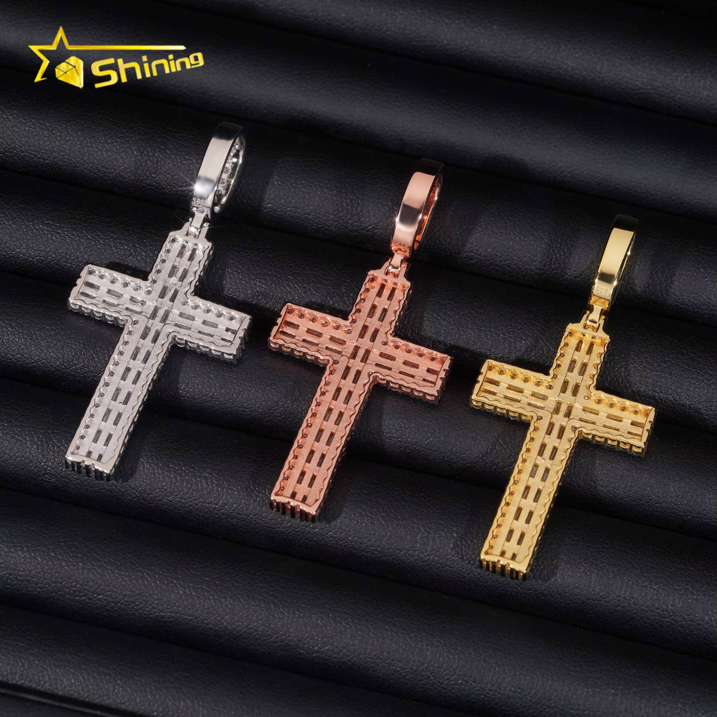 High-end Luxury Baguette Diamond 925 Silver Cross Mens Iced Out Hip Hop Moissanite Pendant for Tennis Chain