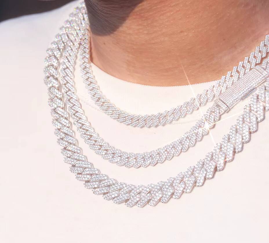 Mossanite Cuban Chain for Men 2rows 8mm-14mm Width Hip Hop Necklace Jewelry 925 Solid Silver Chain Necklace