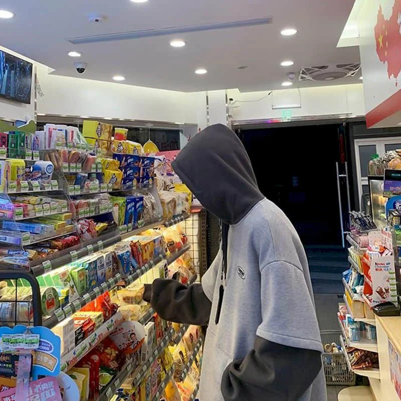 Hoodies men two-piece sweatshirt autumn stitching Korean loose contrast color hooded long-sleeved black white gray 250813