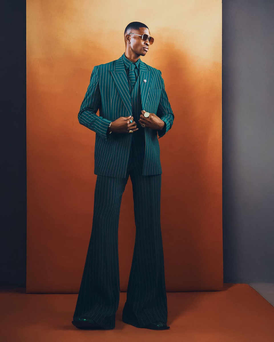 Green Striped 3 Pieces Customized Men Suits Peaked Lapel Wedding Tuxedos Jacket Blazers Classic Slim Evening Party Show Wear