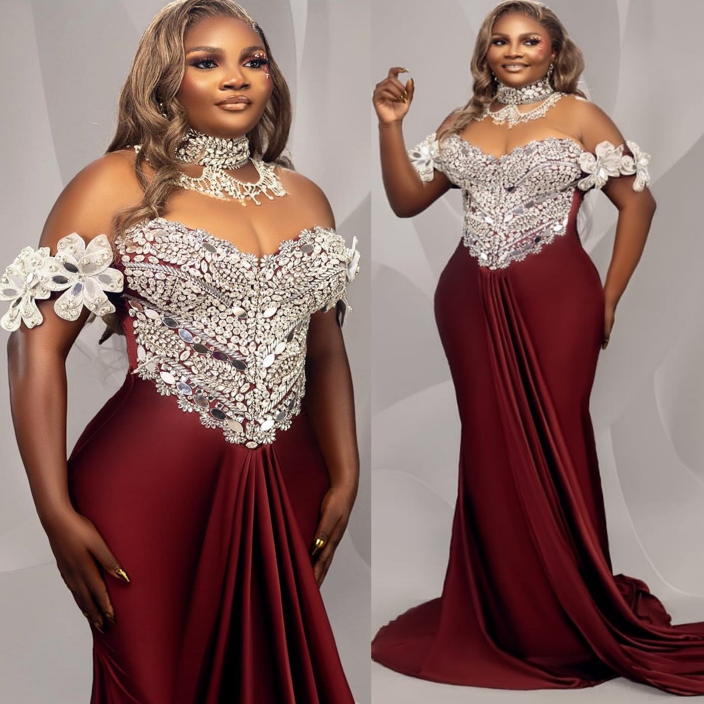 Burgundy Mermaid Prom Dresses 2025 High Neck Beaded Crystals Satin Evening Formal Party Second Birthday Engagement Gowns Plus Size Dress For Special O