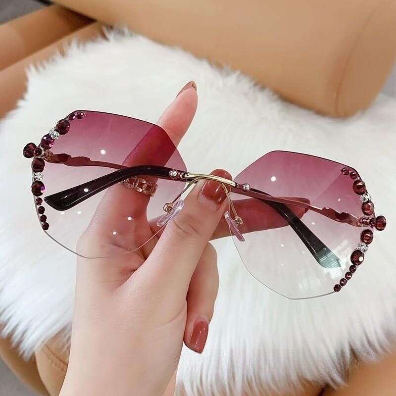New women in South Korea, trendy frameless crystal cut edge for women, UV resistant dia studded sunglasses