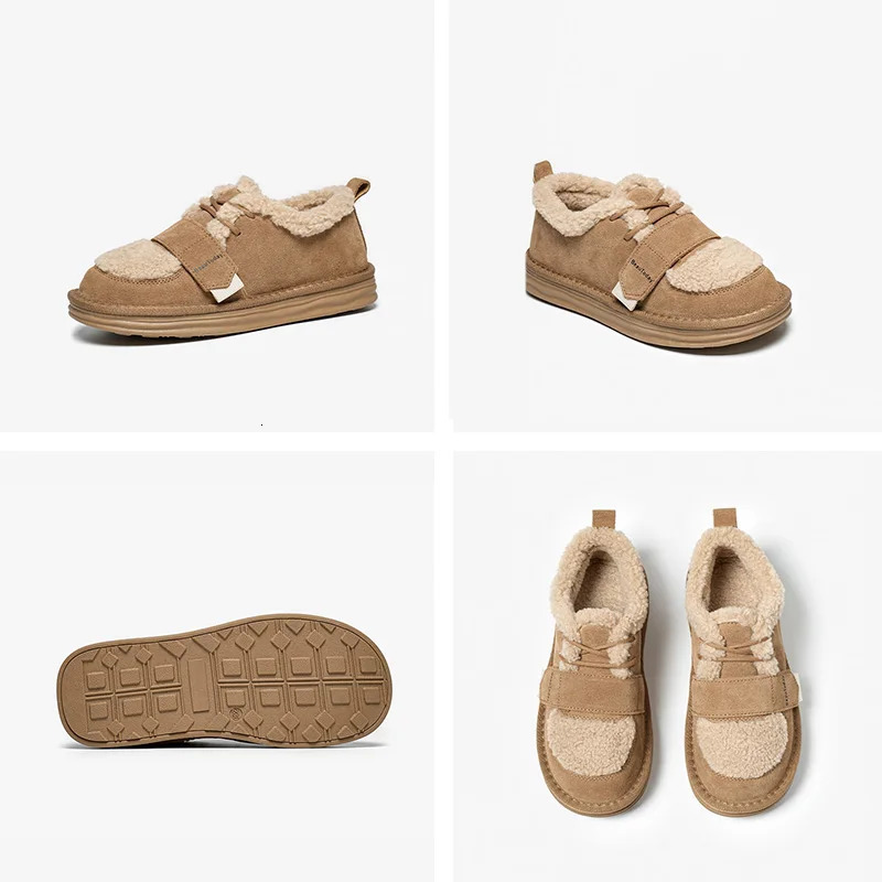 BEAUTODAY Furry Flats Women Cow Suede Round Toe Solid Color Hook Loop Lace-Up Winter Ladies Warm Shoes Handmade 27843 250809