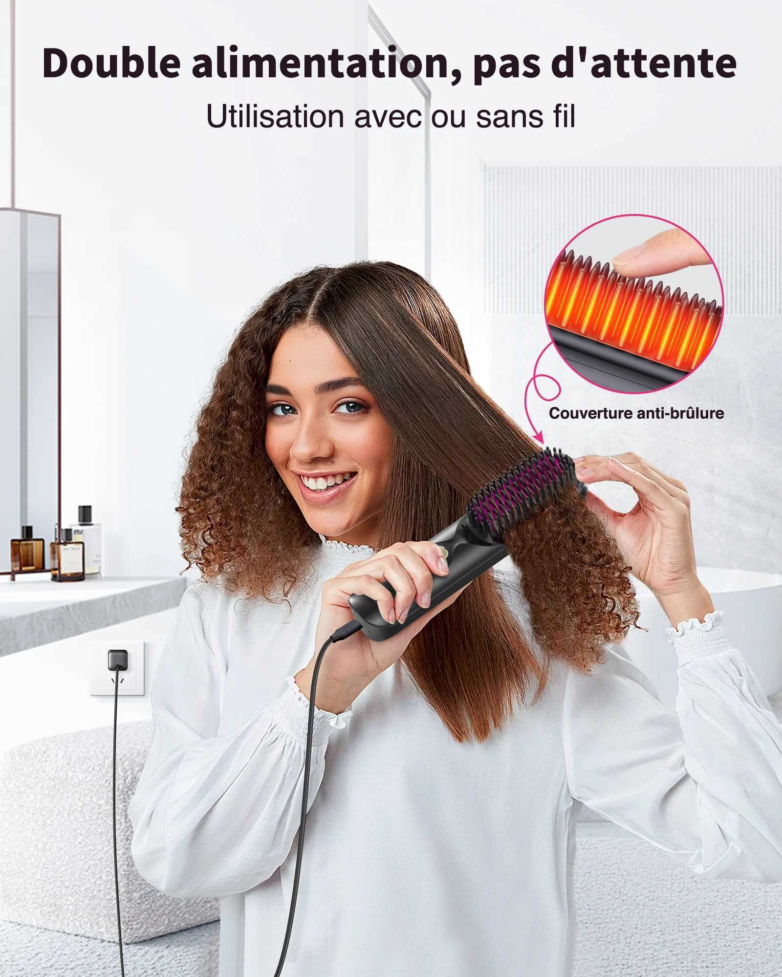 2-in-1 Cordless Straight Hair Comb Curler 10000mAh Battery Negative Ion USB Charging 30s Heat Up Travel-Friendly Styling Brush W250814