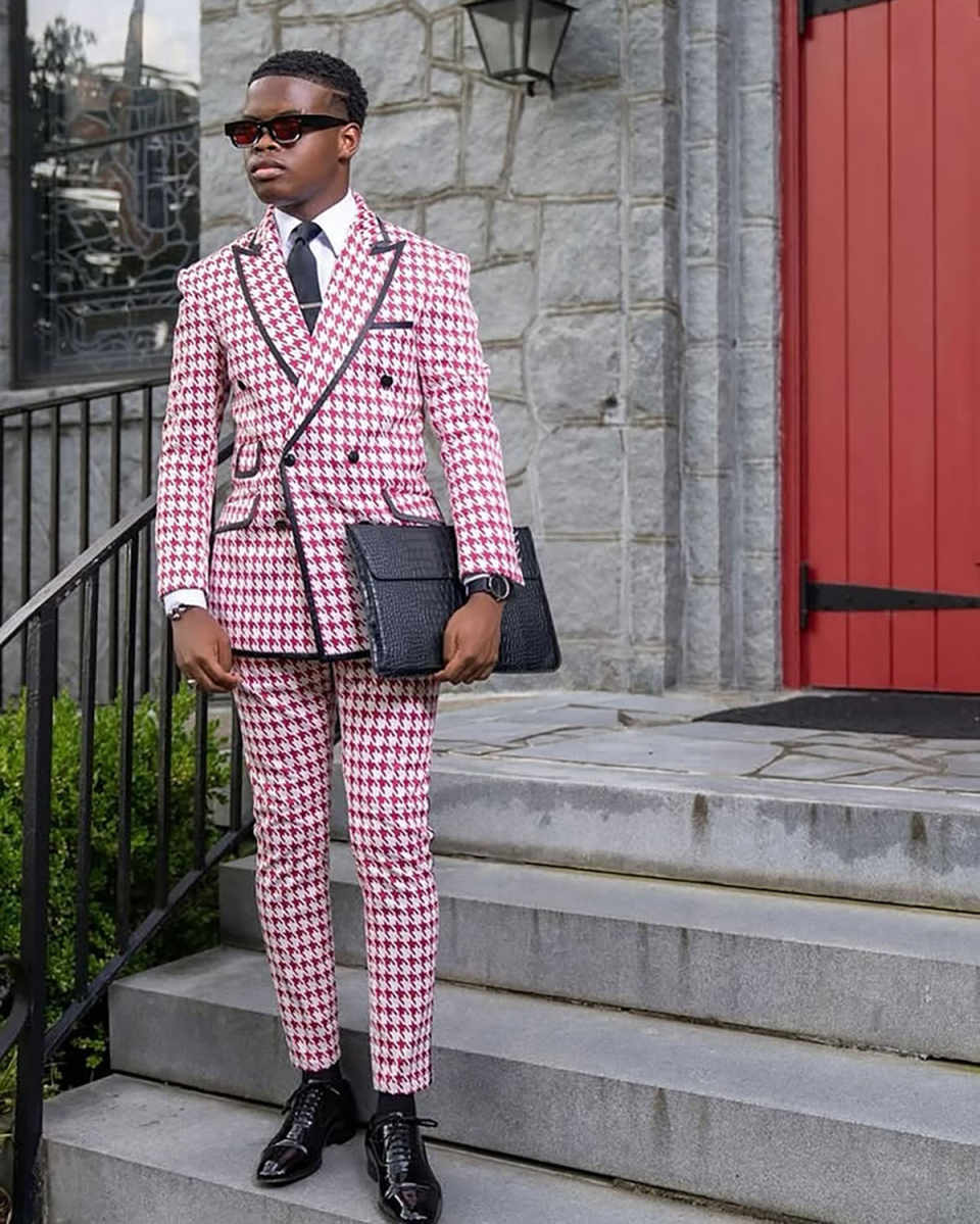 Classic Fit Houndstooth Wedding Tuxedos Peaked Lapel 2 Pcs Jacket Pants Men Suit Double Breasted Evening Party Blazer Customized