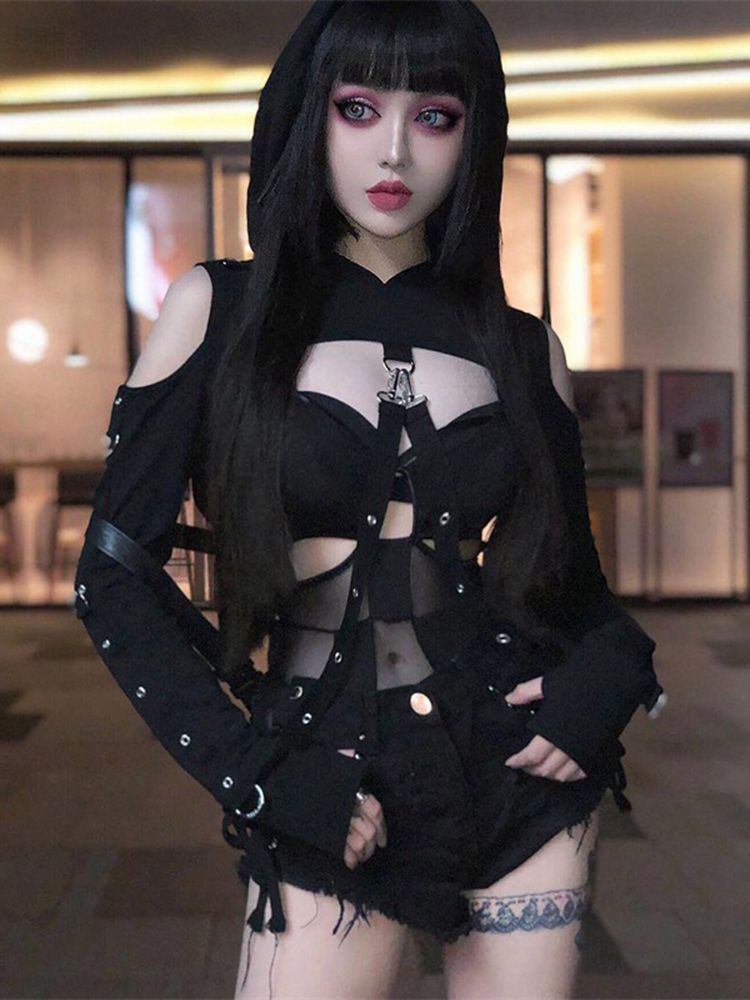Stage Wear Dark Punk Style Women's Short Hoodie Sweatshirt round Neck Long Sleeve Belly Baring Mesh Fashion Top
